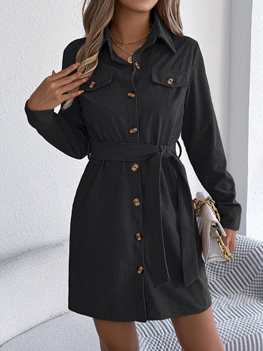 1713268 Elasticated Waist Long Sleeves Belted Buttoned Single-Breasted Solid Color Lapel Collar Mini Dresses Shirt Dress