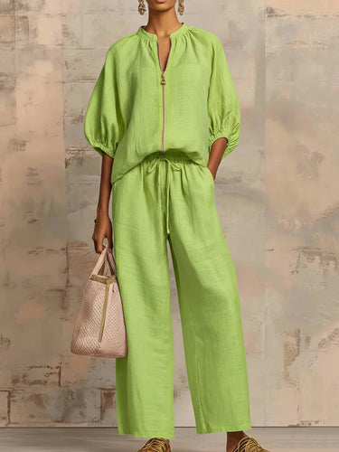 1783210 Half Sleeves Loose Drawstring Elasticity Pockets Solid Color Zipper Round-Neck Blouses&Shirts Tops Pants Trousers Two Pieces Set