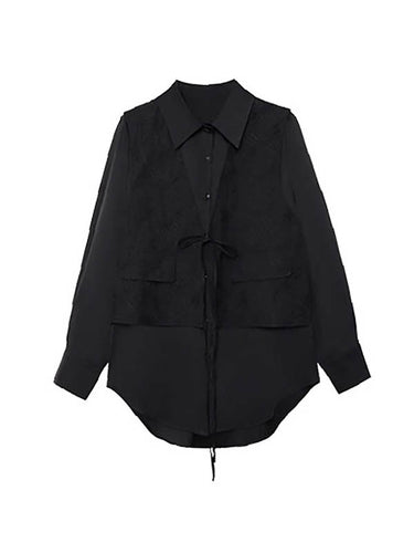 1726264 Solid Color Split-Joint Asymmetric Drawstring Flower Print   False Two Lapel Buttoned Pockets Blouses&Shirts Tops + Elasticated Waist Double Layered Skirts Bottoms Two Pieces Set