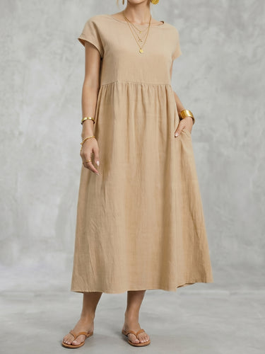 1772584 A-Line Plus Size Pleated Pockets Solid Color Round-Neck Midi Dresses