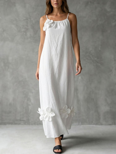 A-Line Loose Pleated Solid Color Split-Joint Three-Dimensional Flower Spaghetti-Neck Midi Dresses