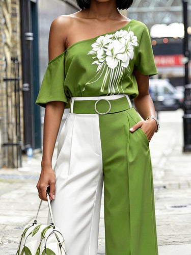 Blouses met korte mouwen, contrasterende kleuren en bloemenprint, en één schouder.&Shirts Tops
