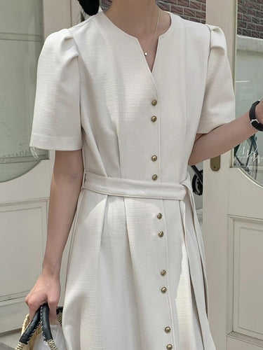 1784254 A-Line Loose Buttoned Solid Color Split-Joint Tied Waist V-Neck Midi Dresses