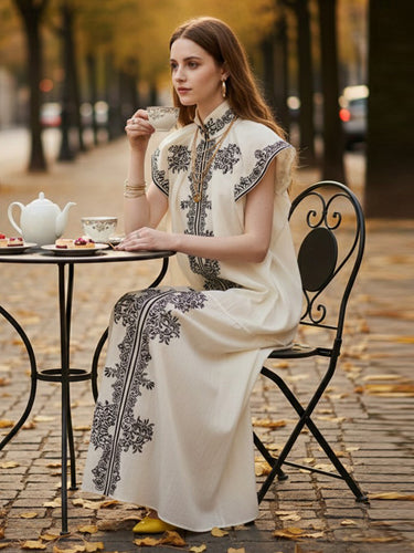 1755573 A-Line Loose Contrast Color Pleated Printed Split-Joint Stand Collar Maxi Dresses