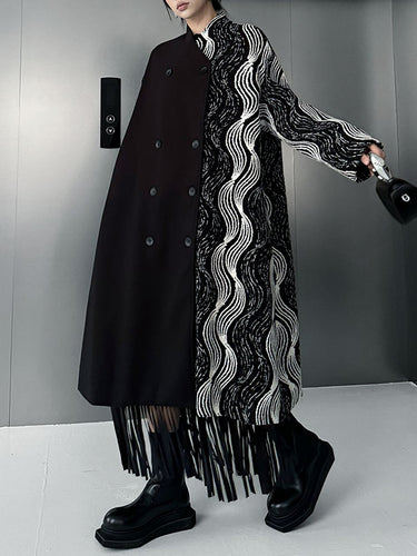 1720700 Long Sleeves Loose Buttoned Contrast Color Pockets Stand Collar Woolen Coat