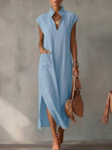 1781505 Loose Sleeveless Pockets Ruffle Trim Solid Color Split-Side Stand Collar Midi Dresses