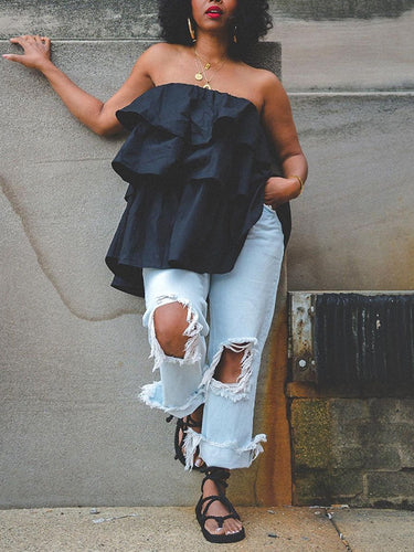 A-Line Loose Elasticity Layered Ruffled Solid Color Tube Vest Top