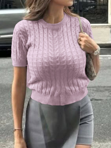 1730866 Short Sleeves Solid Color Split-Joint Round-neck Pullovers Sweater Tops