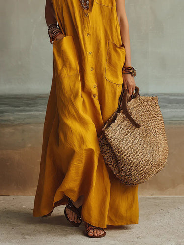 1785430 Loose Sleeveless Buttoned Pockets Solid Color Lapel Maxi Dresses