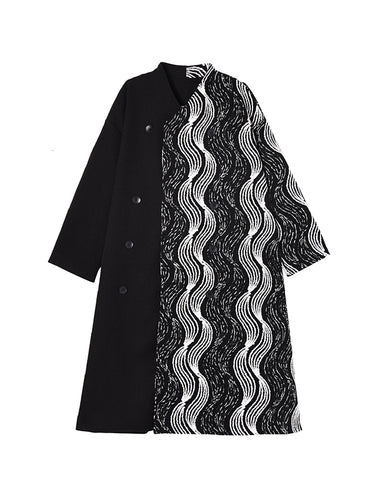 1720703 Long Sleeves Loose Buttoned Contrast Color Pockets Stand Collar Woolen Coat