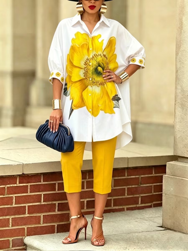 1782517 Half Sleeves Loose Buttoned Flower Print Lapel Blouses&Shirts Tops