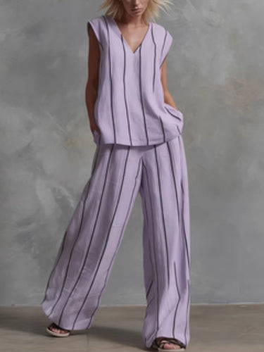 1785449 Loose Plus Size Pockets Striped V-Neck Vest Top + Pants Bottom Two Pieces Set