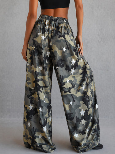 1786037 Loose Wide Leg Camouflage Contrast Color Elasticity Pockets Printed Pants Trousers