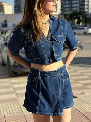 1778308 Lapel Short Sleeves Cropped Blouses&Shirts Tops + Buttoned Pockets Asymmetric Denim Shorts Two Pieces Set