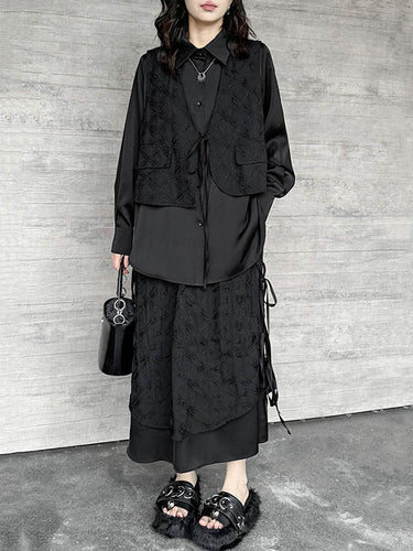 1726301 Solid Color Split-Joint Asymmetric Drawstring Flower Print   False Two Lapel Buttoned Pockets Blouses&Shirts Tops + Elasticated Waist Double Layered Skirts Bottoms Two Pieces Set