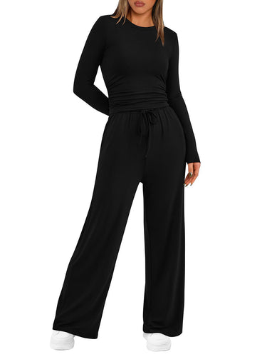 1751566 Solid Color Pleated Round-Neck T-Shirts Tops +  Elasticated Waist High Waisted Drawstring Pants Two Pieces Set