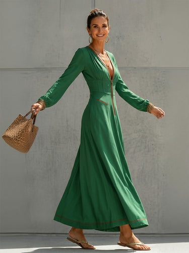 1784553 A-Line High Waisted Pockets Solid Color Zipper Deep V-Neck Maxi Dresses