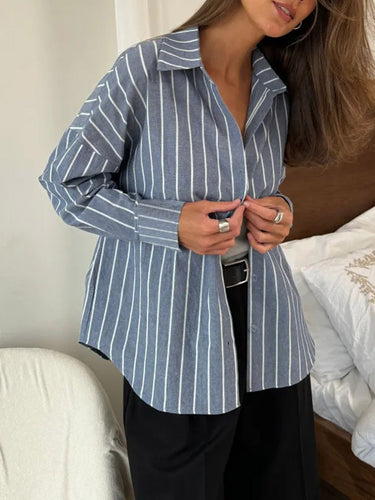 1751478 Long Sleeves Loose Buttoned Contrast Color Split-Joint Striped Lapel Blouses&Shirts Tops