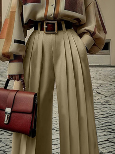 High Waisted Wide Leg No Belt Pleated Pockets Solid Color Pants Trousers