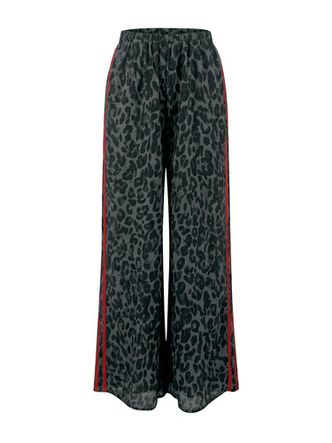 Pantaloni larghi a gamba larga con tasche leopardate a contrasto di colore. Pantaloni a righe con giunture divise