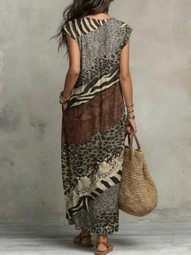 1781445 Loose Sleeveless Pockets Printed Ruffled V-Neck Maxi Dresses
