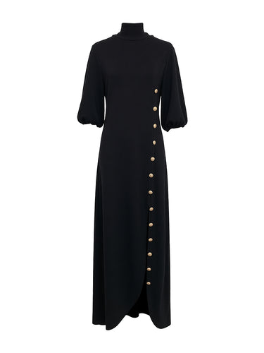 Loose Puff Sleeves Buttoned Split-side Mock Neck Maxi Dresses