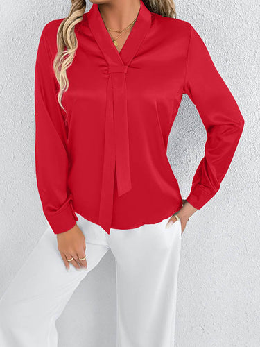 1728984 Long Sleeves Loose Solid Color Split-Joint Streamer Scarf Collar Blouses&Shirts Tops