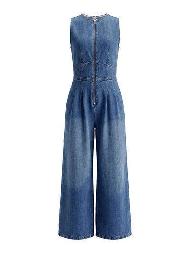 High Waisted Sleeveless Pleated Pockets Solid Color Zipper Round-Neck Jumpsuits