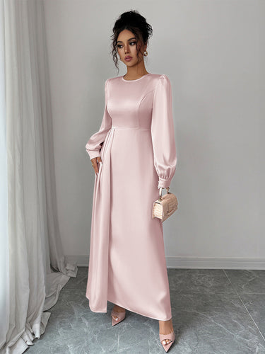 1733870 A-Linien-Maxikleider mit elastischem Bund, asymmetrischen Falten, einfarbigem Schlitz und Rundhalsausschnitt 