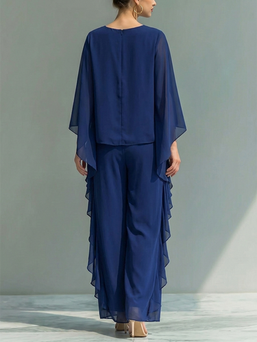 1784938 Batwing Sleeves Long Sleeves Ruffled Solid Color Round-Neck Blouses Top + Pants Bottom Two Pieces Set