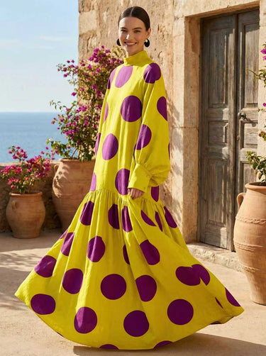 Long Sleeves Loose Big Hemline Contrast Color Pleated Polka Dot Split-Joint Half Turtleneck Maxi Dresses