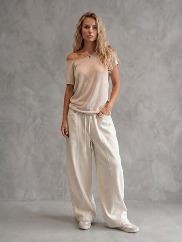 1772679 Loose Wide Leg Drawstring Pockets Solid Color Pants