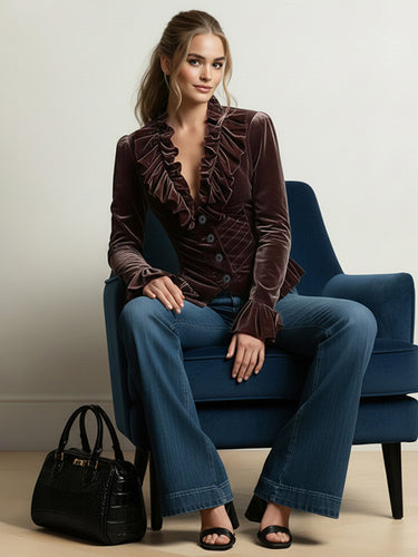 Elasticated Waist Flared Sleeves Buttoned Pleated Ruffled Solid Color Split-Joint Deep V-Neck Blouses&Shirts Tops