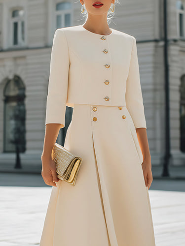 Three-Quarter Sleeves Buttoned Solid Color Round-Neck Outerwear