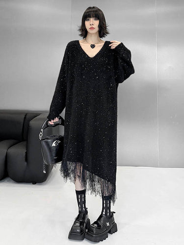 1720301 Irregularity Long Sleeves Contrast Color Sequined Shiny Split-Joint Tasseled V-Neck Midi Dresses Sweater Dresses