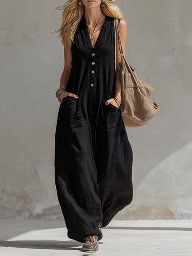 Sleeveless Wide Leg Buttoned Pockets Solid Color V-Neck Jumpsuits