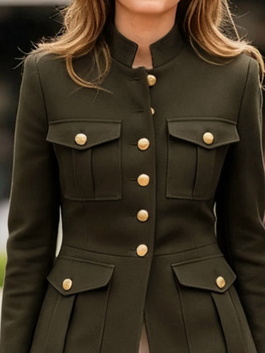 Long Sleeves Buttoned Pleated Pockets Solid Color Stand Collar Outerwear