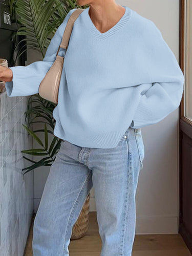 1719159 Long Sleeves Loose Ribs Solid Color V-Neck Sweater Tops
