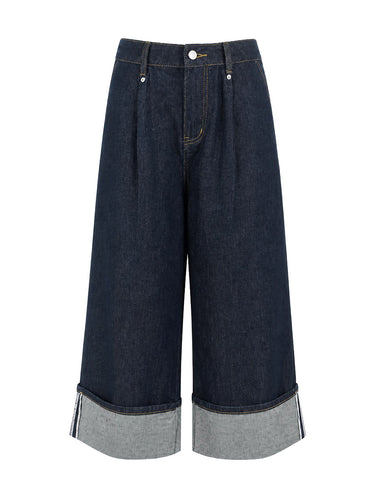 Loose Wide Leg Pleated Pockets Jean Pants Bottoms