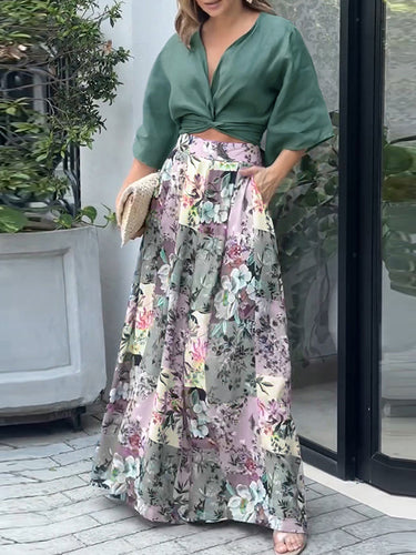 Camicie e pantaloni da tasche stampate floreali con bowknot a banda larga