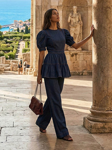 1757823 A-Line Loose Pleated Ruffled Solid Color Split-Joint Round-Neck Blouses&Shirts Tops