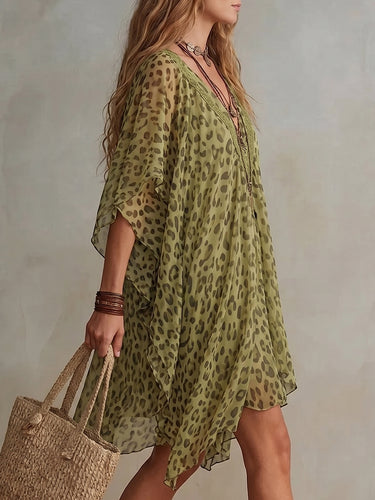 1779183 Batwing Sleeves Half Sleeves Asymmetric Contrast Color Leopard Ruffle Trim See-Through Deep V-Neck Mini Dresses