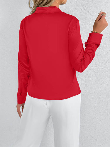 1728985 Long Sleeves Loose Solid Color Split-Joint Streamer Scarf Collar Blouses&Shirts Tops