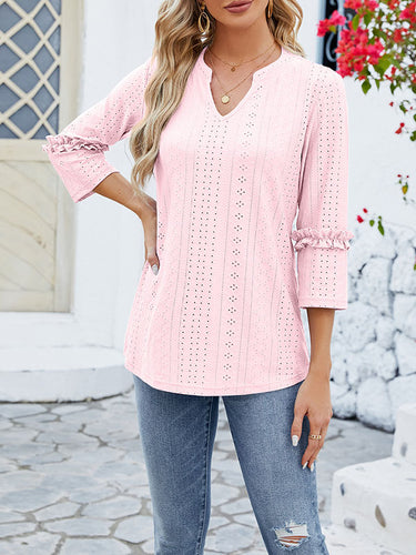 1497371 Loose Three-Quarter Sleeves Jacquard Solid Color V-Neck T-Shirts Tops