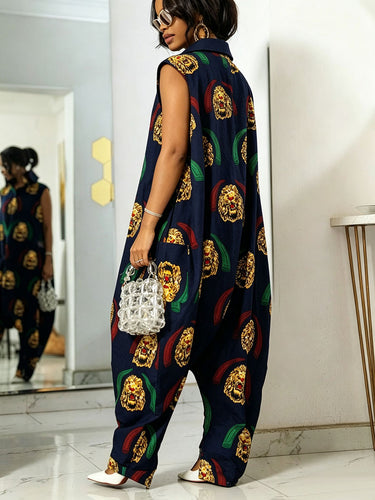 1787426 Loose Sleeveless Pockets Printed Lapel Jumpsuits