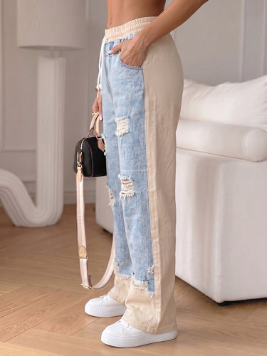 1781350 High Waisted Plus Size Contrast Color Drawstring Elasticity Hollow Split-Joint Jean Pants Bottoms