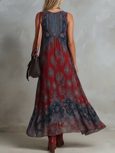 1784074 Loose Sleeveless Contrast Color Pleated Printed V-Neck Maxi Dresses