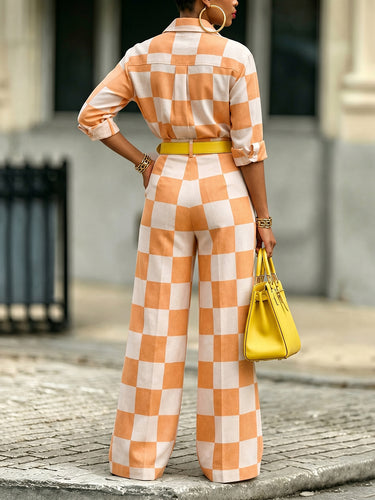 1777686 High Waisted Loose No Belt Plaid Pockets Pants Trousers
