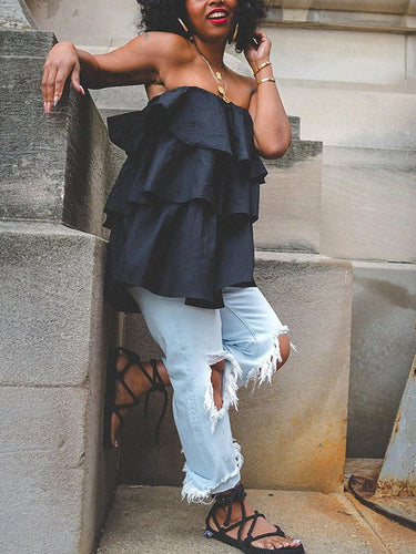 A-Line Loose Elasticity Layered Ruffled Solid Color Tube Vest Top