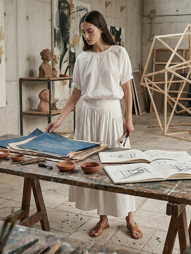 1757752 Loose Short Sleeves Pleated Solid Color Round-Neck T-Shirts Tops